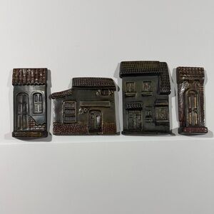 Set of 4 Decorative Ceramic House Wall Accents - Brown and Olive